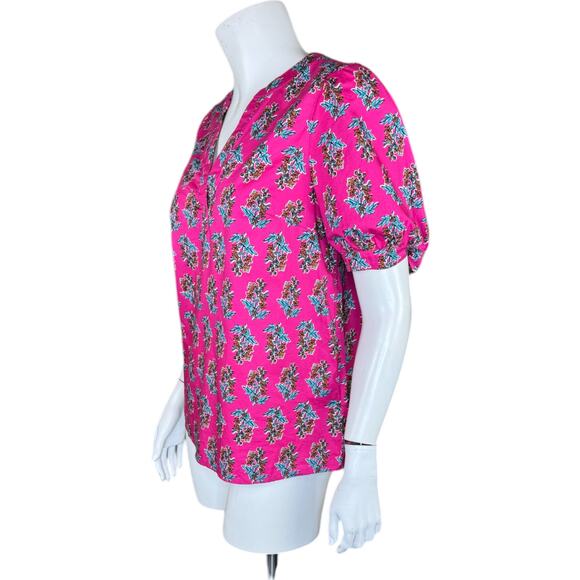 J. Crew Factory Printed Short Sleeve V-Neck Poplin Top Size XS Pink Floral - Picture 3 of 14